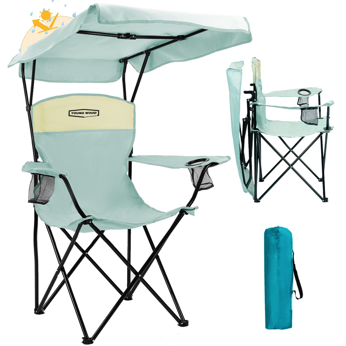 YOUNG WOOD Camping Chair with Canopy, Beach Chair with Shade,Portable,Lightweight Oversized for All, Easy to Open and Close Without Installation, Side Pocket Design for All Outdoor Activities，Blue