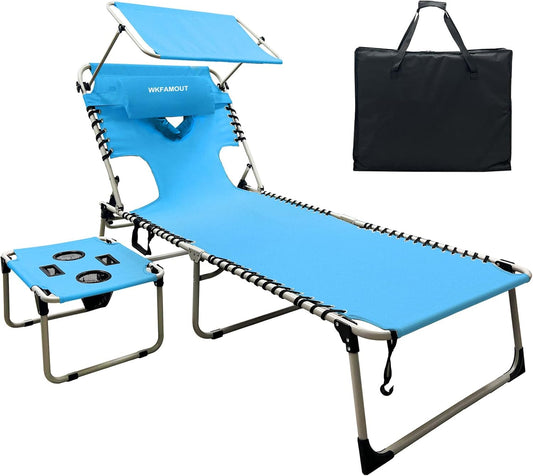 Outdoor Tanning Chair with Sun Canopy Shade & Face Hole, Folding Lounge Chair with Beach Table and Carry Bag for Poolside Sunbathing Lawn