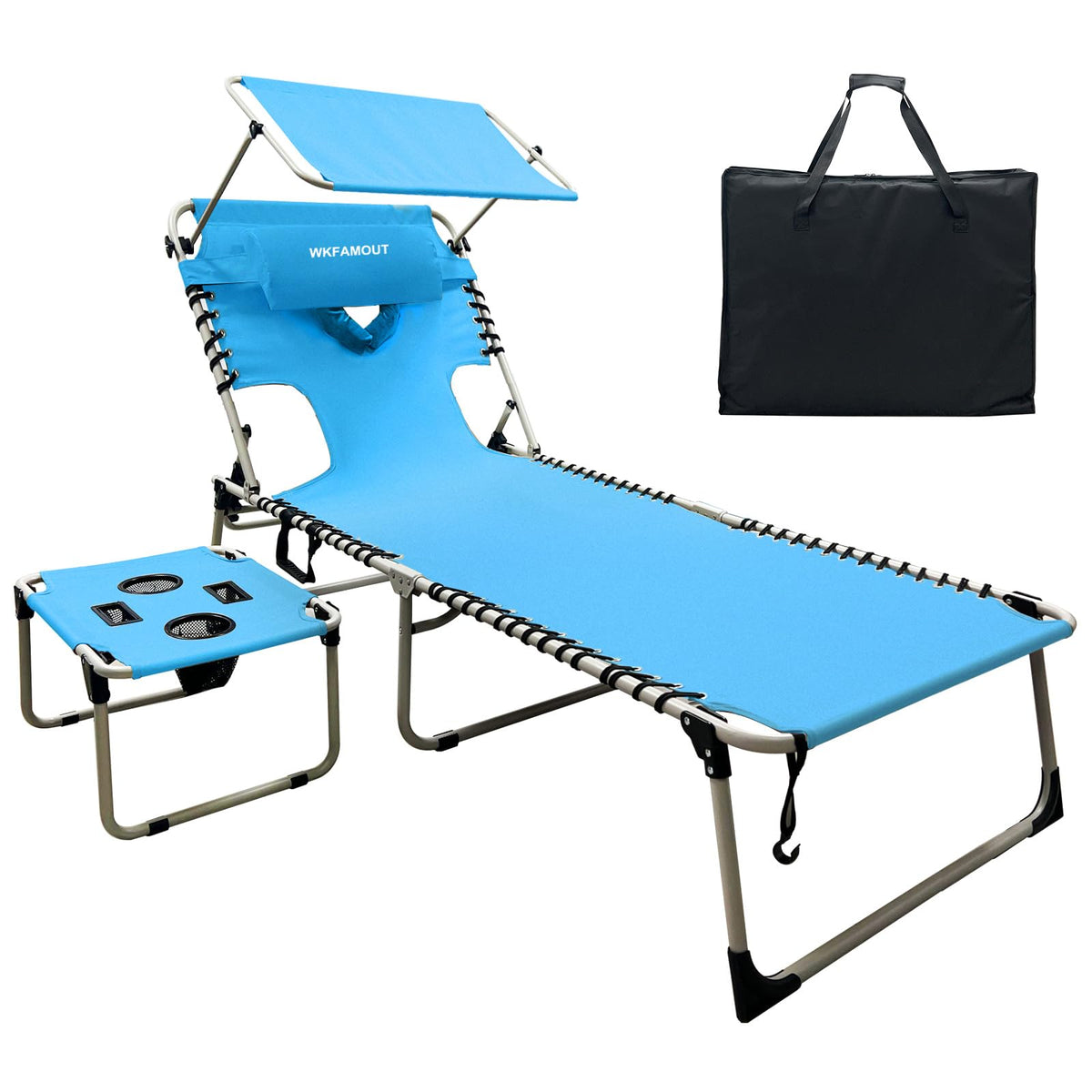 Outdoor Tanning Chair with Sun Canopy Shade & Face Hole, Folding Lounge Chair with Beach Table and Carry Bag for Poolside Sunbathing Lawn