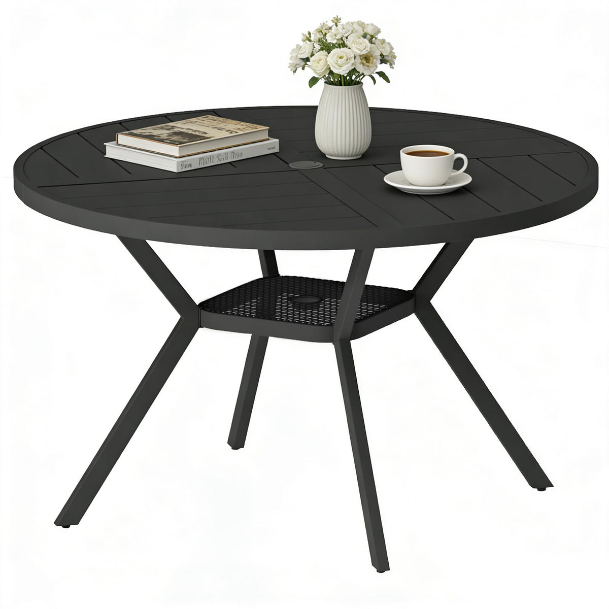 42" Outdoor Patio Table Dining Table All Weather Metal Round Patio Dining Table with Adjustable Umbrella Hole Patio Furniture for Lawn Garden Backyard, Sandshell
