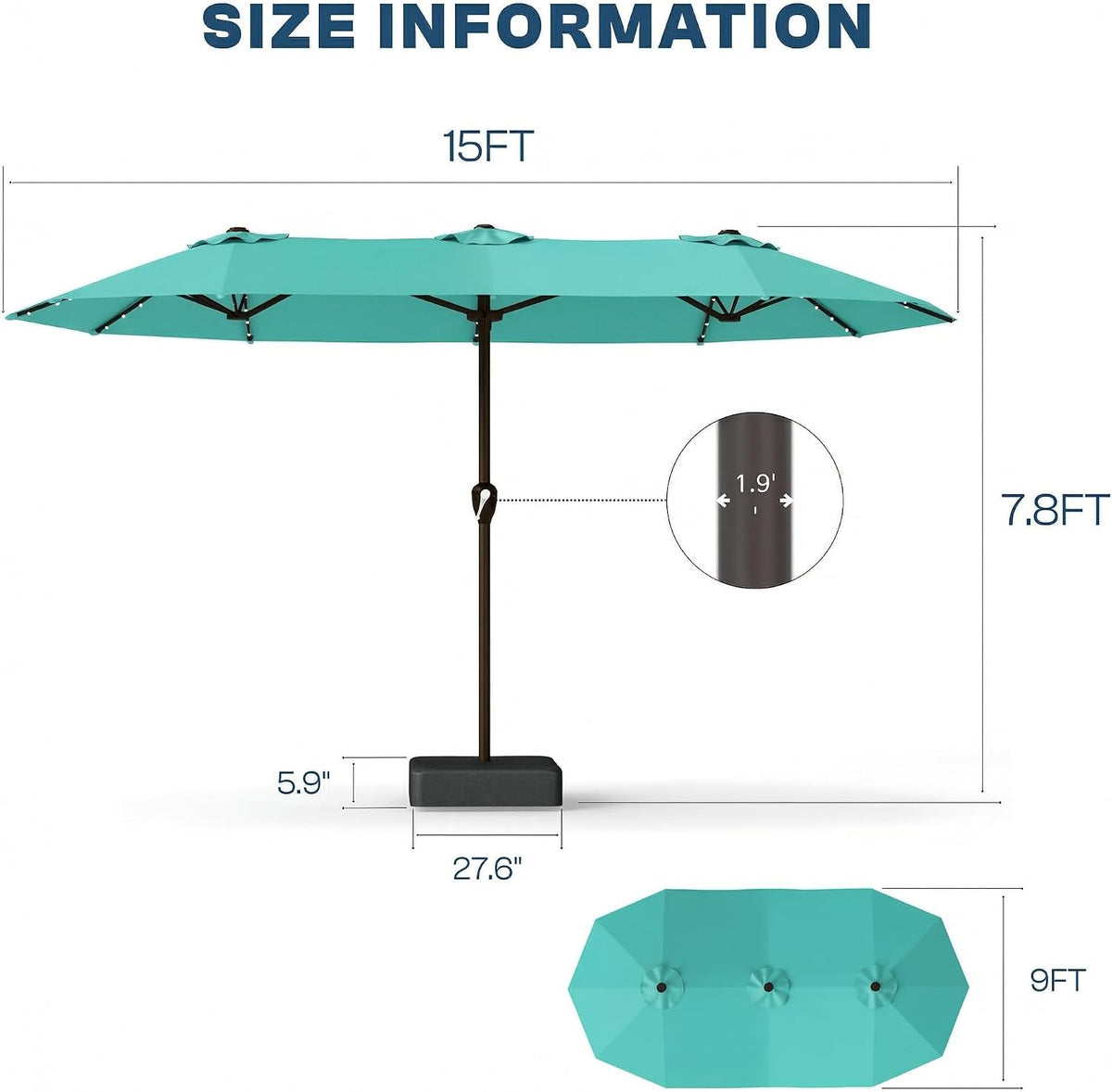 15FT Patio Umbrella with Solar Lights, Double-Sided Extra Large Outdoor Table Umbrella with Base Included, Heavy-Duty 12 Iron Ribs Market Umbrella for Garden, Pool, Backyard, Turquoise Blue