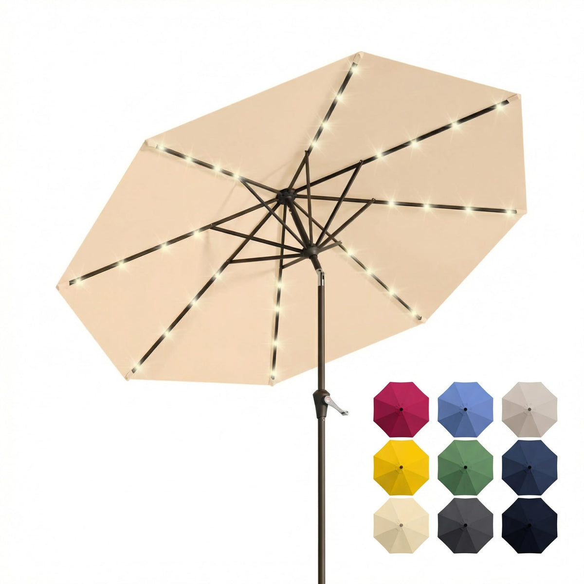 10FT Solar Patio Umbrella with Lights, Outdoor Table Market Umbrella with 32 LED Lights, 8 Sturdy Ribs, Push Button Tilt and Crank for Pool, Deck and Garden, UV-Resistant
