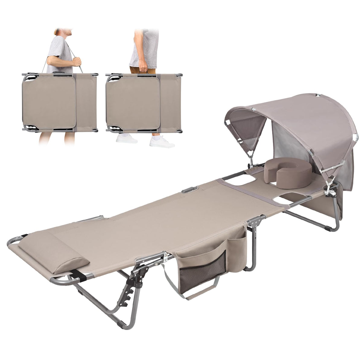 Tanning Chair with Sun Canopy Face Hole Softer Padded Adjustable Washable, Heavy Duty Layout Folding Lounge Chair for Adults Outside Beach Reading Sunbathing Poolside, UPF 50+ Sun Shade, Pink, 300 LBS