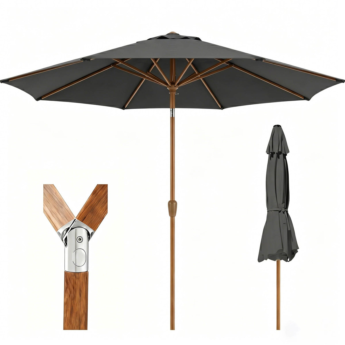9ft Outdoor Patio Umbrella, Market Table Umbrella with Crank and Easy Push Button Tilt, Wood Grain Frame, UPF 50+ for Pool, Garden, Deck, Backyard