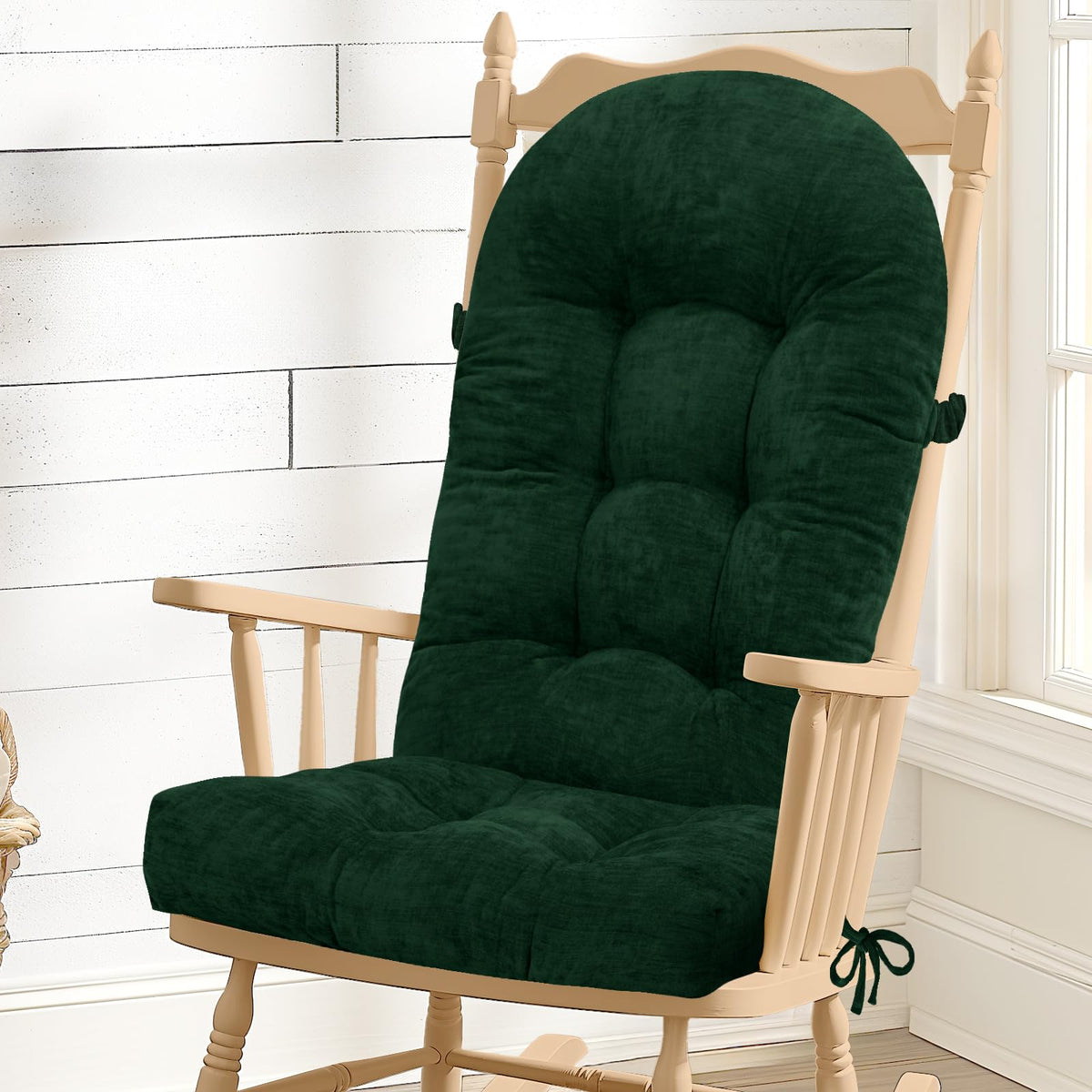 Rocking Chair Cushion - Soft Chenille Fabric Seat Pad with Tufted Design, Non-Slip Bottom and Secure Ties, for Glider, Adirondack and Indoor Rocker Chair, 44x19x4 Inch, Oyster White