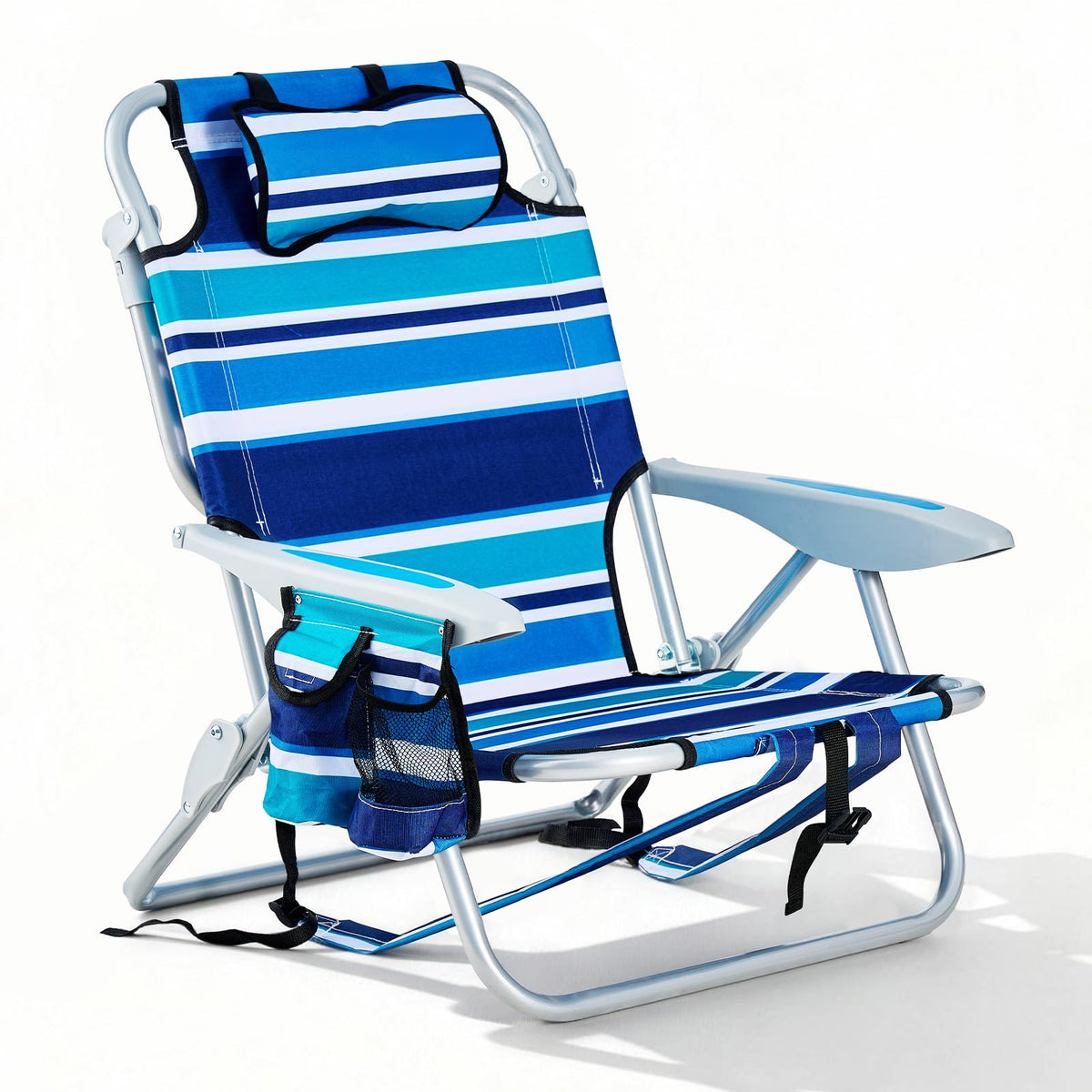 Portable Beach Chair for Adults, Outdoor Camping Chair Lay Flat Folding Backpack Beach Reclining Chair with 5 Positions, Headrest, Zipper Pouch, Cup Holder, Blue
