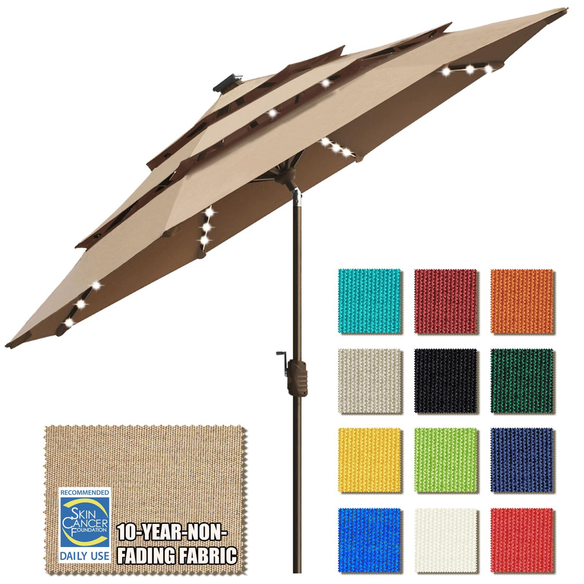 EliteShade USA 10-Year-Non-Fading 9ft 3-Tier Market Patio Umbrella, Commercial Table Umbrella with 80 Solar LED Lights, Crank Open, Windproof & UPF 50+ UV Protection for Garden, Deck, Pool, Backyard, Heather Beige