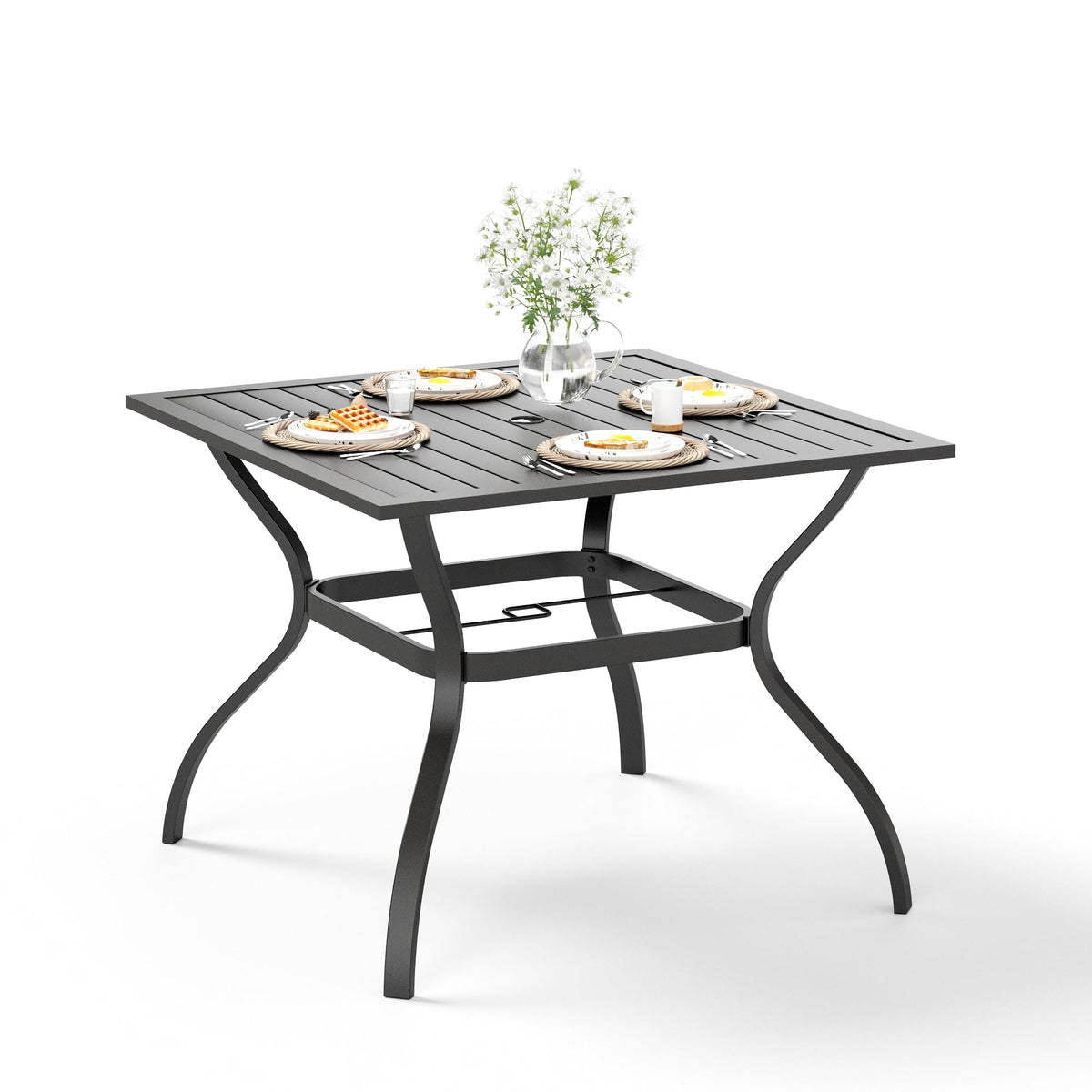 HERA'S HOUSE Outdoor Dining Table for 6, Brown Metal Table w/Umbrella Hole
