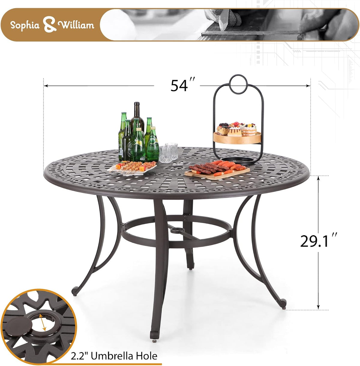 Sophia & William 2.2" Round Patio Dining Table Aluminum Umbrella Hole