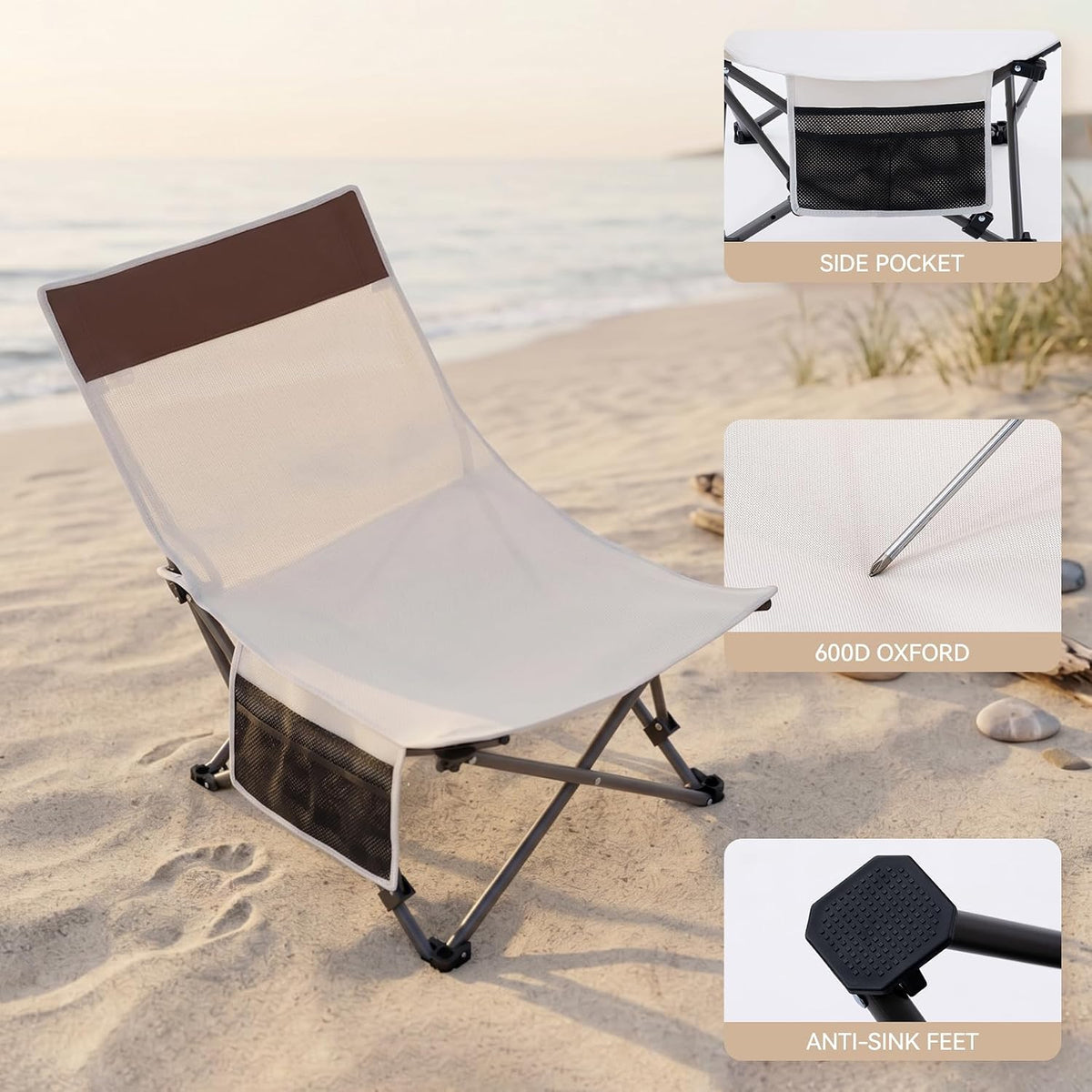Compact Beach Chairs 2 Pack with 3-Position Lay Flat Low Portable Camping Chairs for Adults Folding Reclining Chairs for Beach, Lawn, Travel