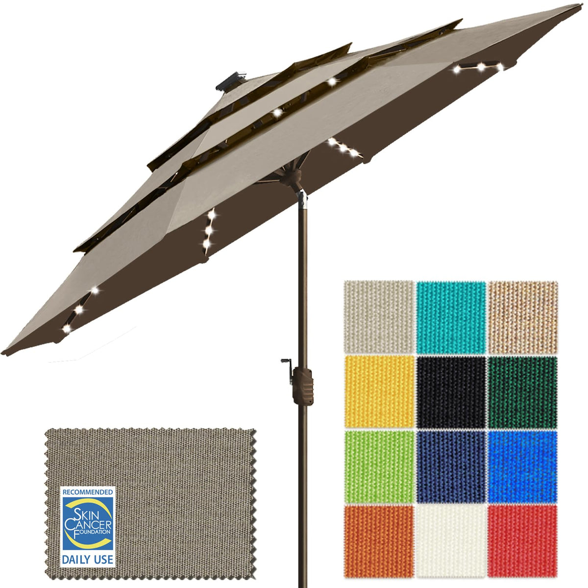 EliteShade USA 10-Year-Non-Fading 9ft 3-Tier Market Patio Umbrella, Commercial Table Umbrella with 80 Solar LED Lights, Crank Open, Windproof & UPF 50+ UV Protection for Garden, Deck, Pool, Backyard, Heather Beige