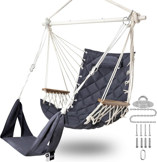 Hammock Chair Hanging Swing,with Footrest&Wooden Armrest;Dark Grey