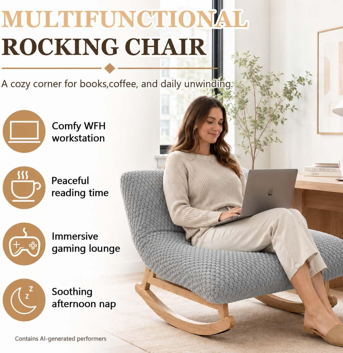 Oversized Rocking Chair Indoor with Corduroy Cushion (Light Grey)