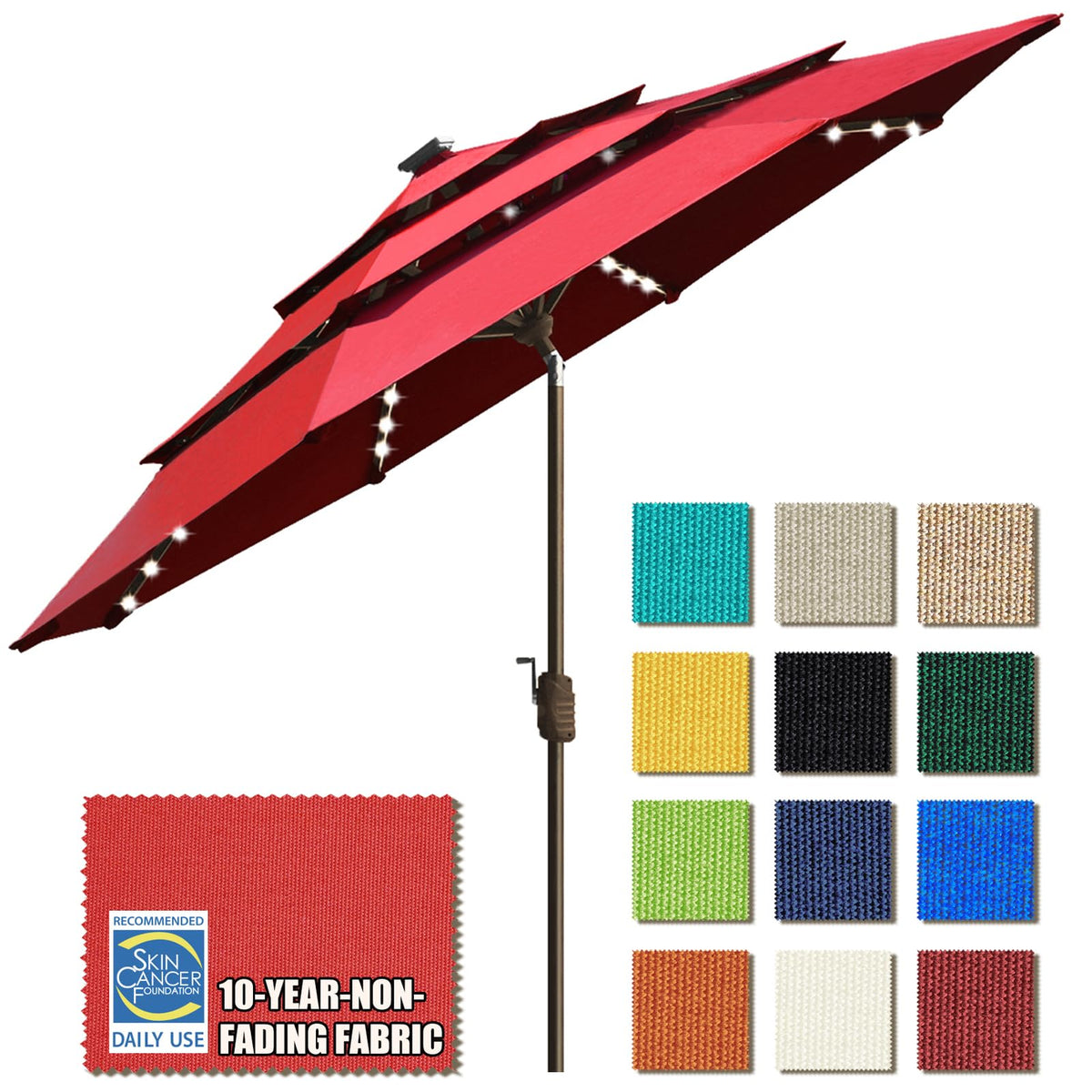 EliteShade USA 10-Year-Non-Fading 9ft 3-Tier Market Patio Umbrella, Commercial Table Umbrella with 80 Solar LED Lights, Crank Open, Windproof & UPF 50+ UV Protection for Garden, Deck, Pool, Backyard, Heather Beige