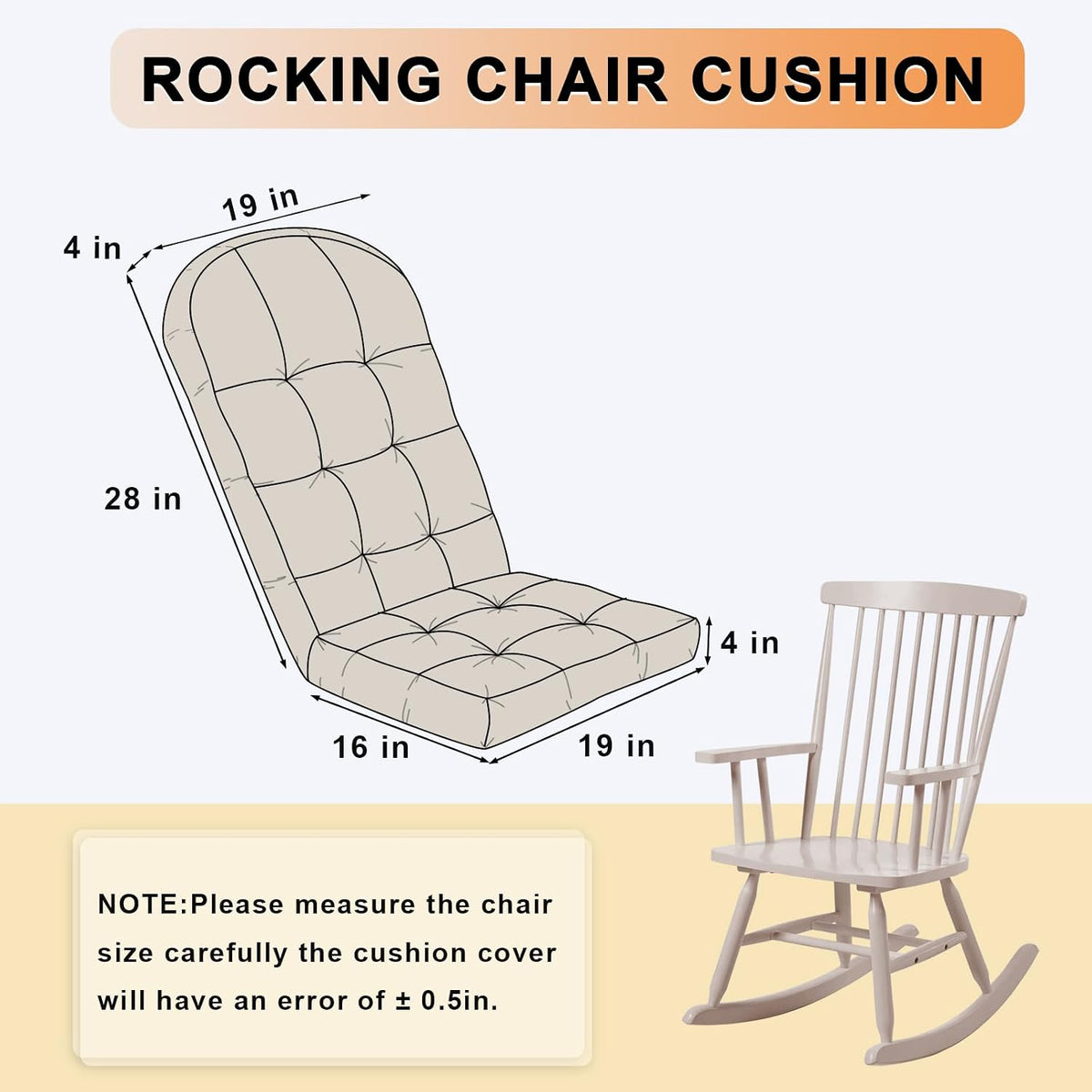 Rocking Chair Cushion - Soft Chenille Fabric Seat Pad with Tufted Design, Non-Slip Bottom and Secure Ties, for Glider, Adirondack and Indoor Rocker Chair, 44x19x4 Inch, Oyster White
