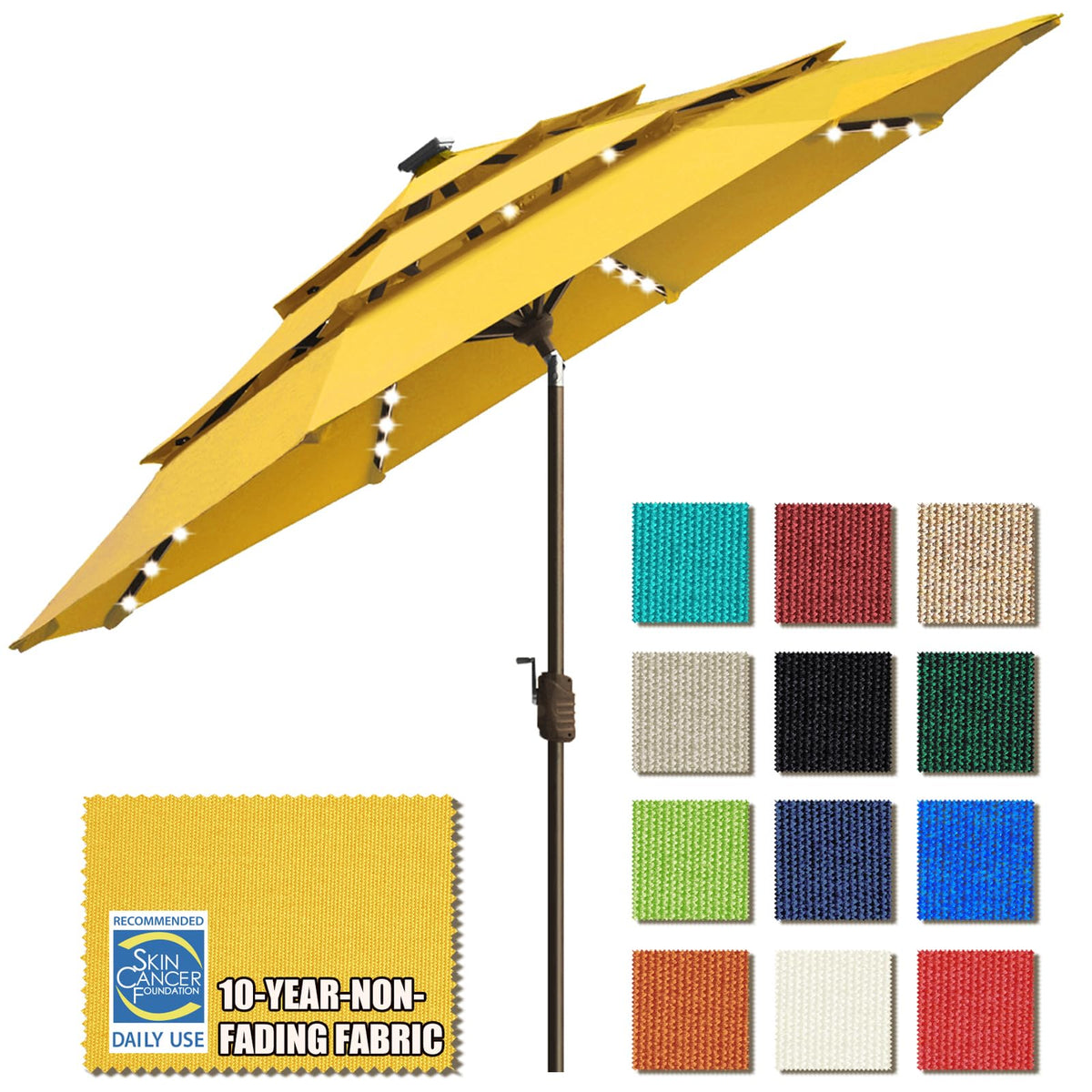 EliteShade USA 10-Year-Non-Fading 9ft 3-Tier Market Patio Umbrella, Commercial Table Umbrella with 80 Solar LED Lights, Crank Open, Windproof & UPF 50+ UV Protection for Garden, Deck, Pool, Backyard, Heather Beige