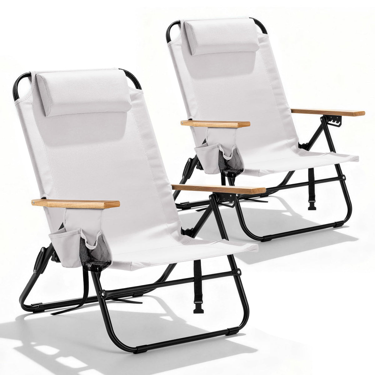 2 Pack Premium 5-Position Reclining Camping Chair - Portable Folding Lightweight Outdoor Chair with Wooden Armrests, Headrest & Pockets, 350lbs Heavy Duty for Beach, Patio, Backyard, Black
