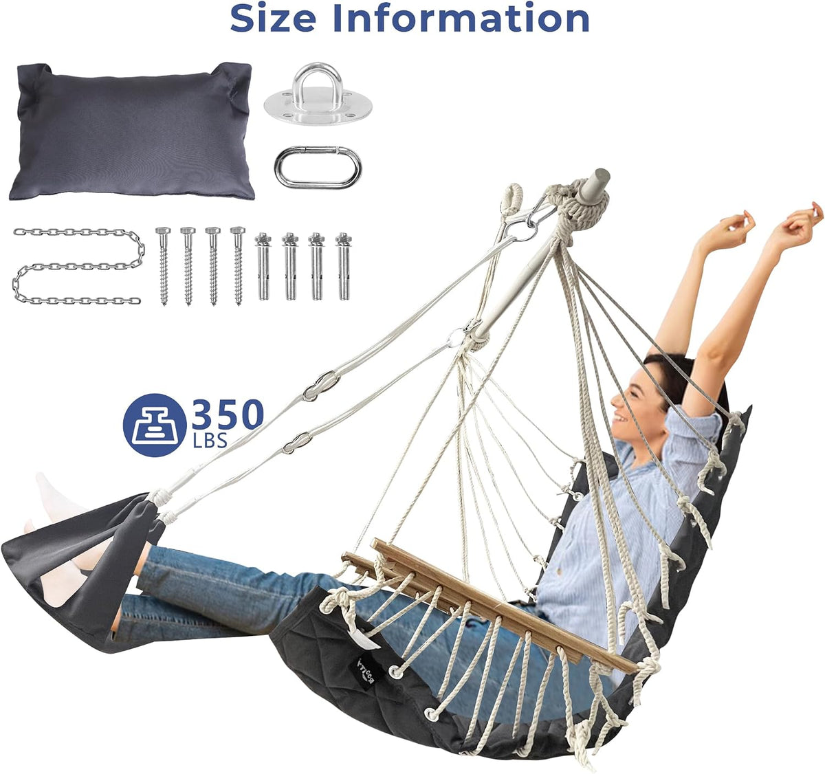 Hammock Chair Hanging Swing,with Footrest&Wooden Armrest;Dark Grey