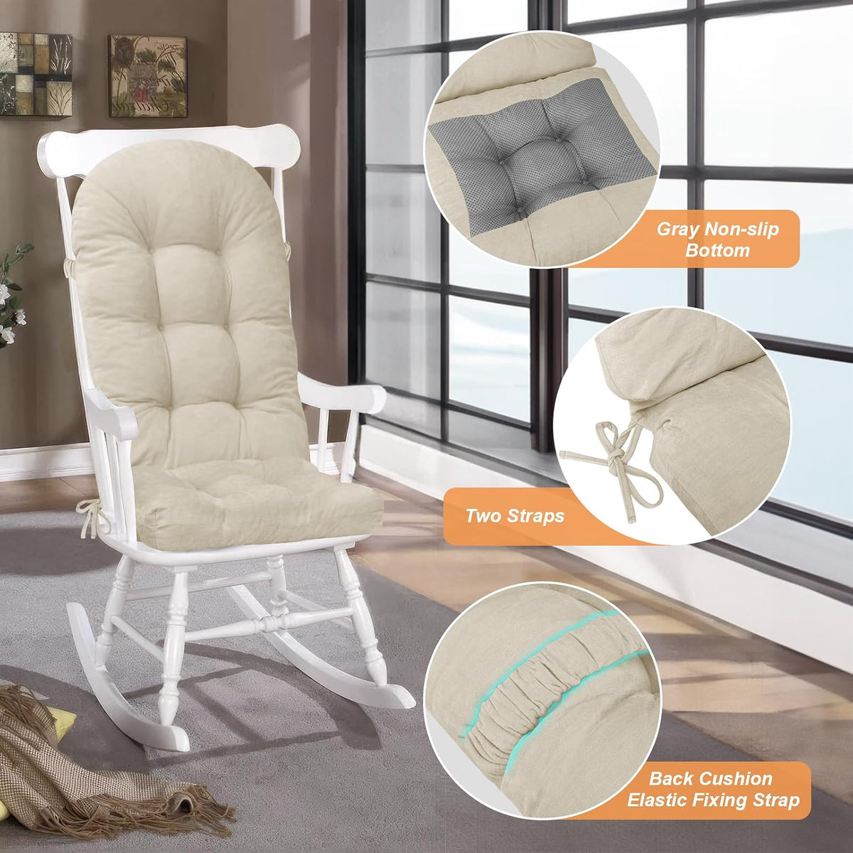 Rocking Chair Cushion - Soft Chenille Fabric Seat Pad with Tufted Design, Non-Slip Bottom and Secure Ties, for Glider, Adirondack and Indoor Rocker Chair, 44x19x4 Inch, Oyster White