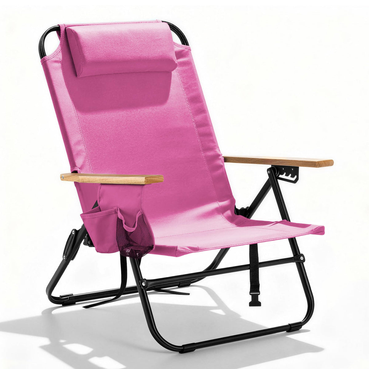 Premium Portable Camping Chair 5-Position Recliner Beach Folding Lightweight Outdoor Chair with Wooden Armrests, Headrest, Multi-Pockets Heavy Duty 350lbs, for Patio, Backyard, Brown