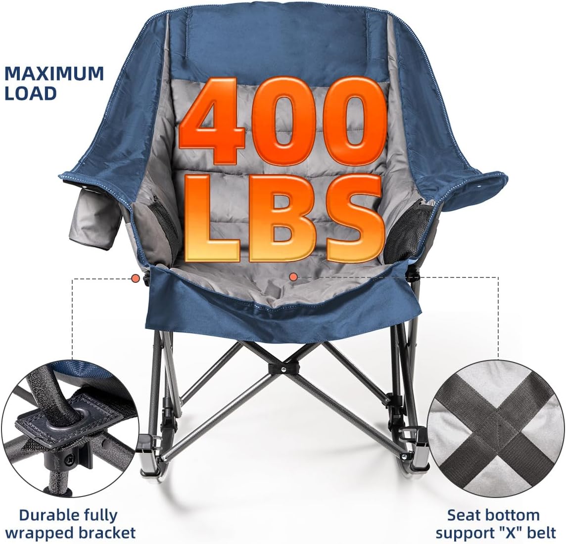 Oversized Rocking Camping Chair for Adults - 400lbs Capacity Padded Camp Chair with Cup Holder, Portable Foldable Outdoor Rocker Chair for Camping, Backyard, Patio (Blue & Gray)