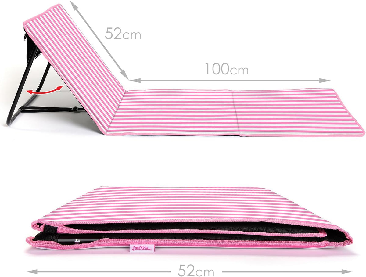 just be... Beach Chair with Backrest, Foldable Lightweight Reclining Beach Mat, Portable Padded Lounge Seat with Carry Strap & Zip Pocket – Pink Stripes