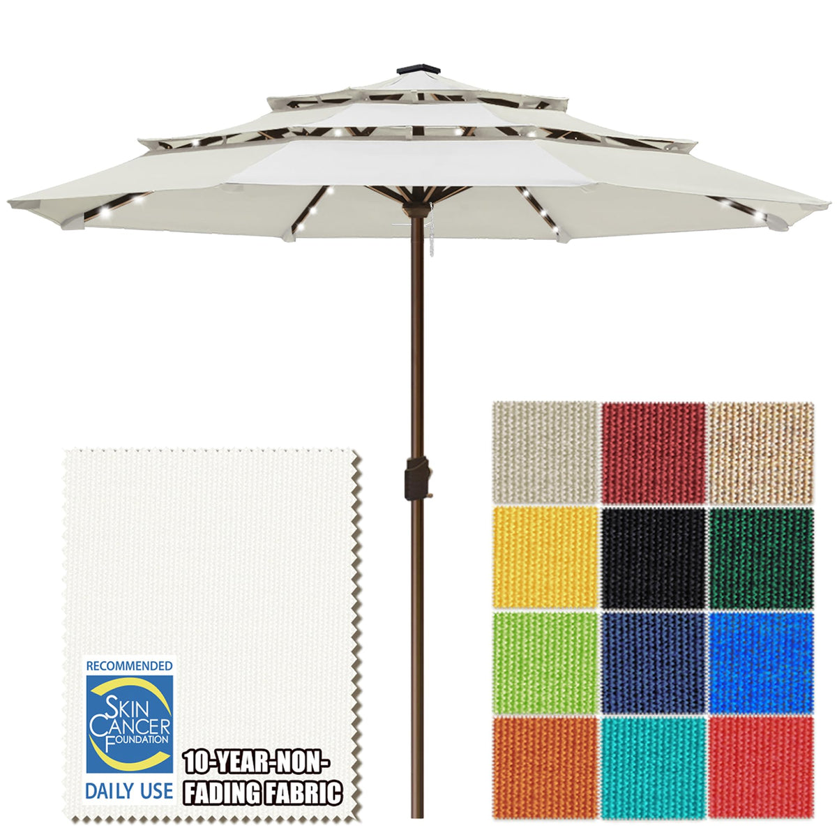 EliteShade USA 10-Year-Non-Fading 9ft 3-Tier Market Patio Umbrella, Commercial Table Umbrella with 80 Solar LED Lights, Crank Open, Windproof & UPF 50+ UV Protection for Garden, Deck, Pool, Backyard, Heather Beige