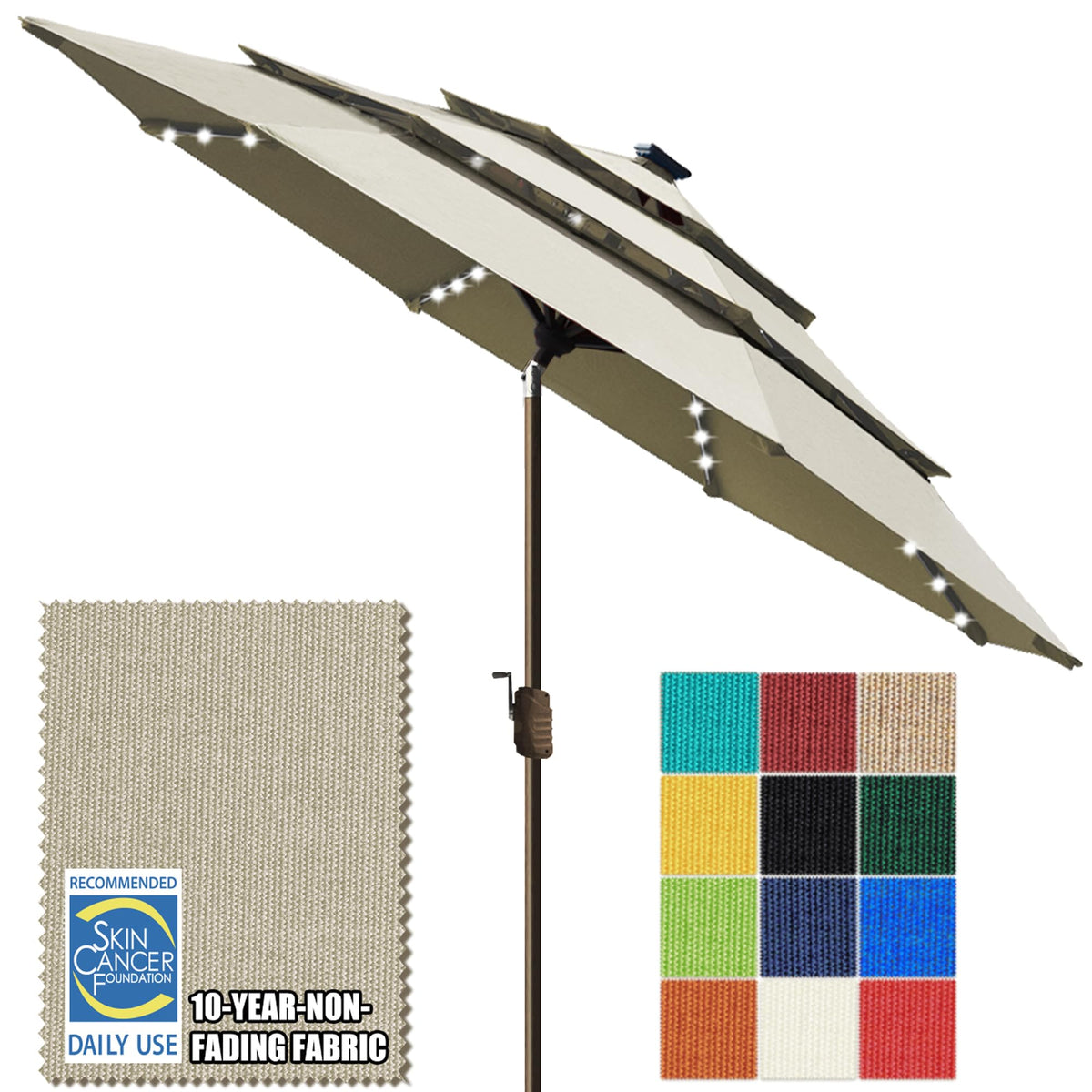 EliteShade USA 10-Year-Non-Fading 9ft 3-Tier Market Patio Umbrella, Commercial Table Umbrella with 80 Solar LED Lights, Crank Open, Windproof & UPF 50+ UV Protection for Garden, Deck, Pool, Backyard, Heather Beige