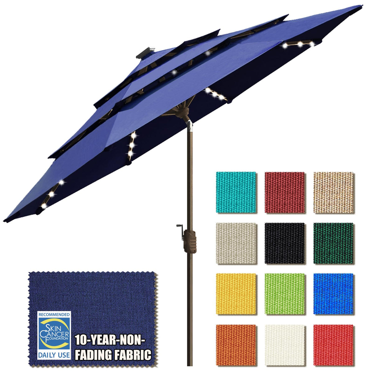 EliteShade USA 10-Year-Non-Fading 9ft 3-Tier Market Patio Umbrella, Commercial Table Umbrella with 80 Solar LED Lights, Crank Open, Windproof & UPF 50+ UV Protection for Garden, Deck, Pool, Backyard, Heather Beige