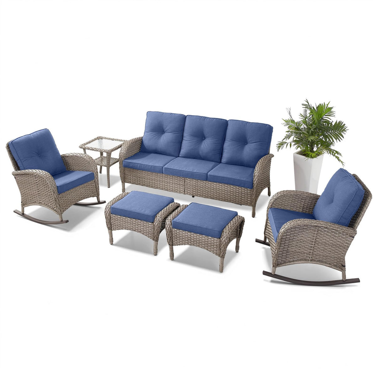 Belord Patio Rocking Chair Wicker Chair, 1 Piece Outdoor Rocking Chair Seating with Cushions for Porch Deck Balcony, Brown/Blue