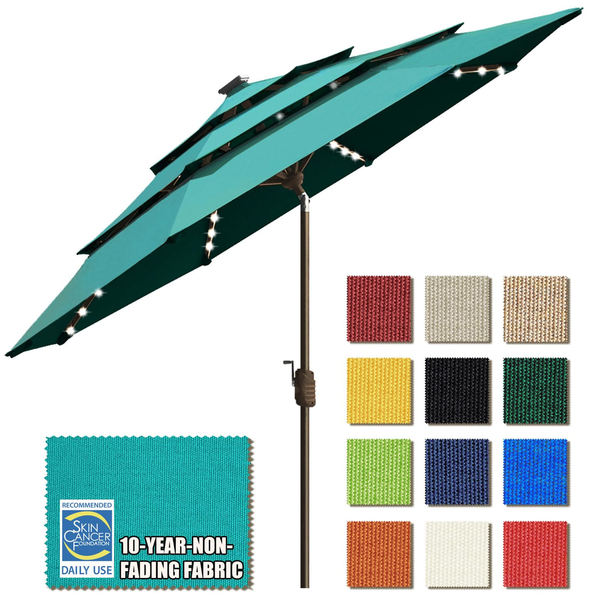 EliteShade USA 10-Year-Non-Fading 9ft 3-Tier Market Patio Umbrella, Commercial Table Umbrella with 80 Solar LED Lights, Crank Open, Windproof & UPF 50+ UV Protection for Garden, Deck, Pool, Backyard, Heather Beige