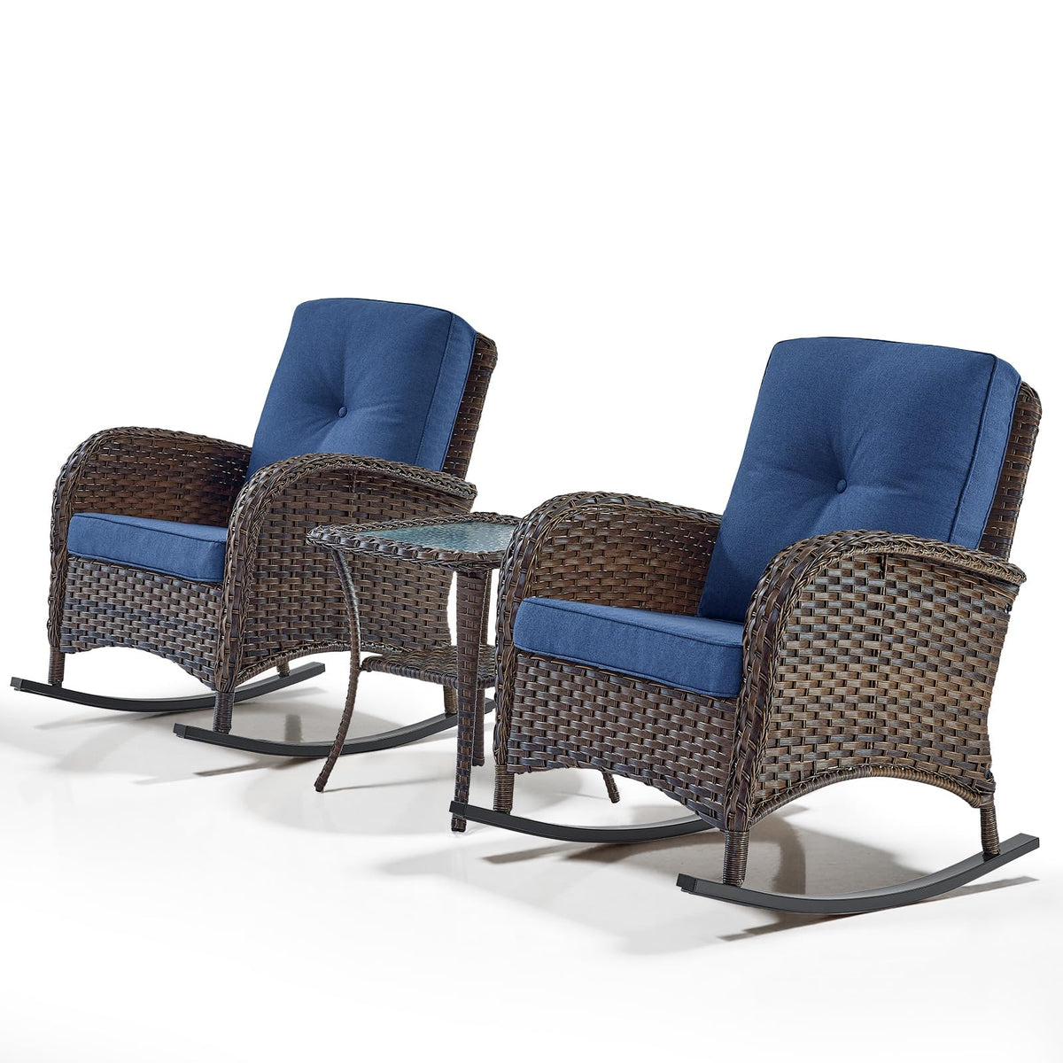 Belord Patio Rocking Chair Wicker Chair, 1 Piece Outdoor Rocking Chair Seating with Cushions for Porch Deck Balcony, Brown/Blue