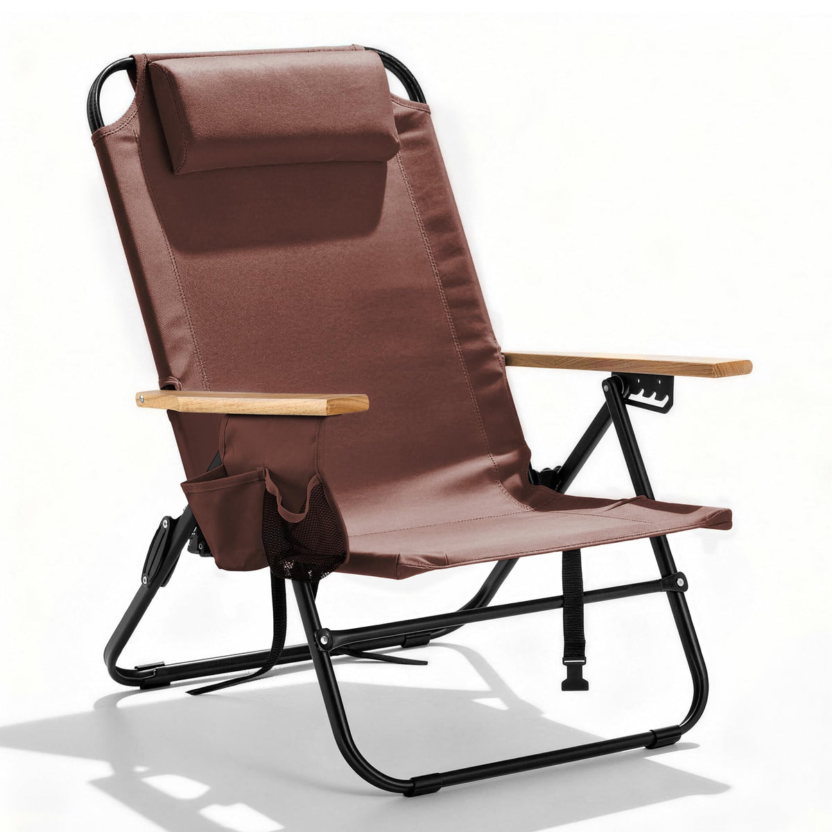 Premium Portable Camping Chair 5-Position Recliner Beach Folding Lightweight Outdoor Chair with Wooden Armrests, Headrest, Multi-Pockets Heavy Duty 350lbs, for Patio, Backyard, Brown