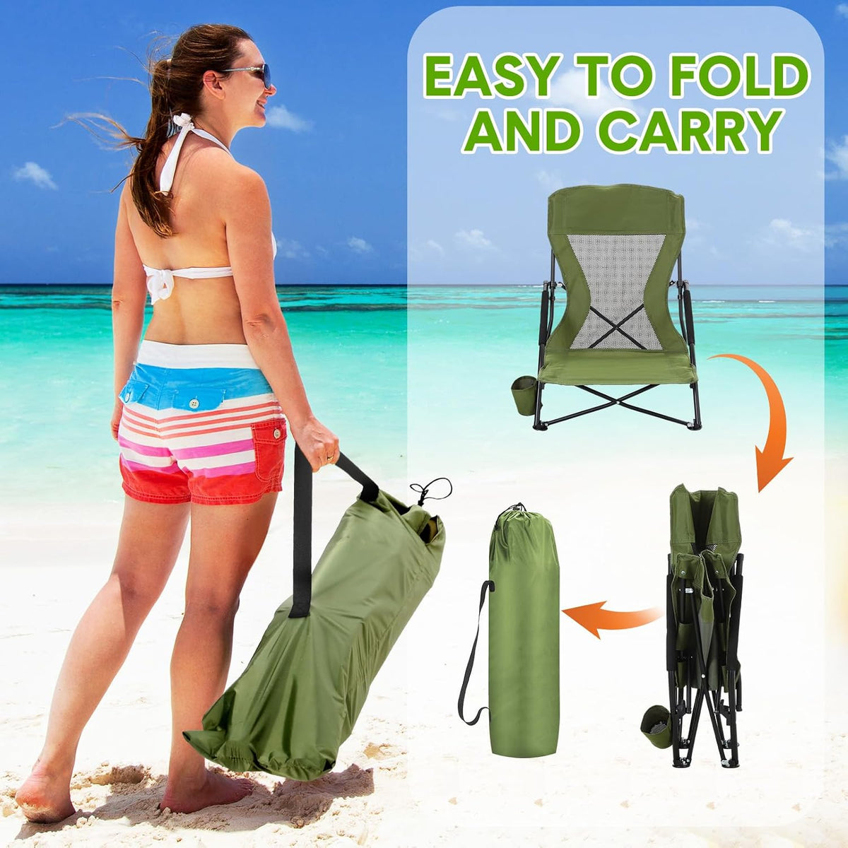 Menkxi 2 Pack Low Beach Chairs for Adults, Portable Folding Sand Chairs with Cup Holder and Carry Bag, Lightweight High Back Camping Chair for Beach Trips, Concerts, BBQ, Lawn, Outdoor (Army Green)
