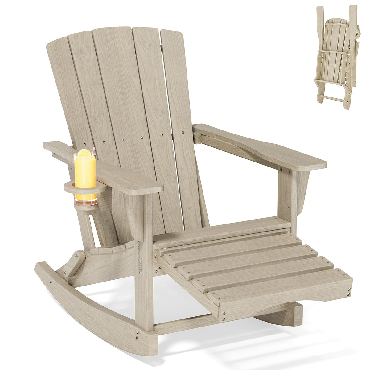 Adirondack Rocking Chair with Retractable Ottoman,Outdoor Folding Adirondack Chair with Cup Holder,HDPE All-Weather Patio Lounge Chair for Porch,Lawn, Poolside, Grey