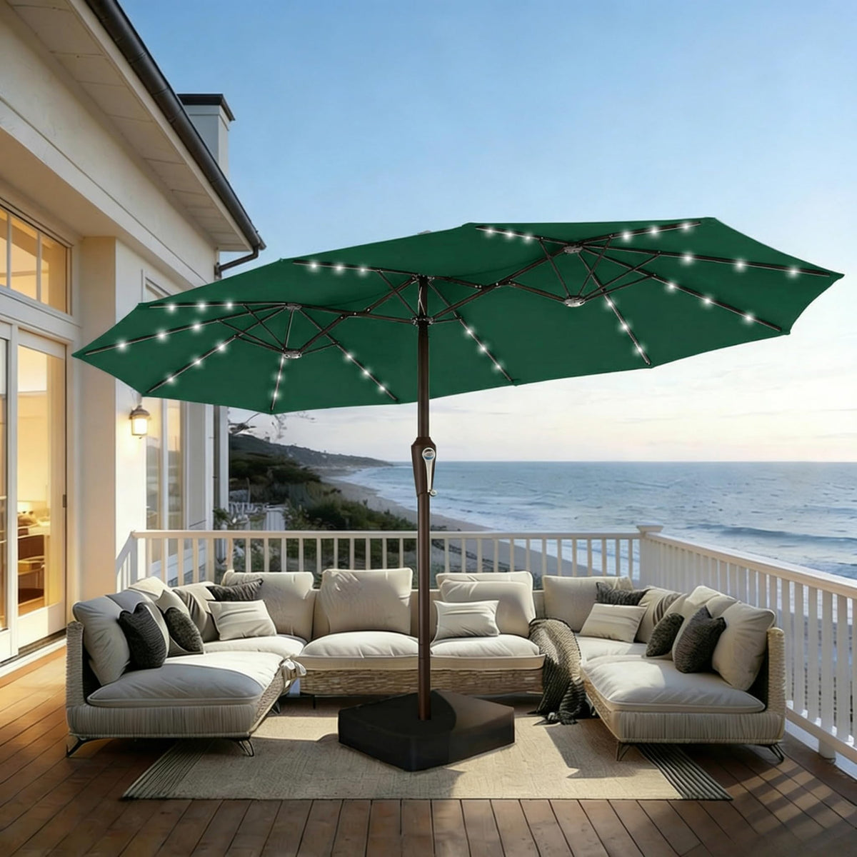 15FT Patio Umbrella with Solar Lights, Double-Sided Extra Large Outdoor Table Umbrella with Base Included, Heavy-Duty 12 Iron Ribs Market Umbrella for Garden, Pool, Backyard, Turquoise Blue