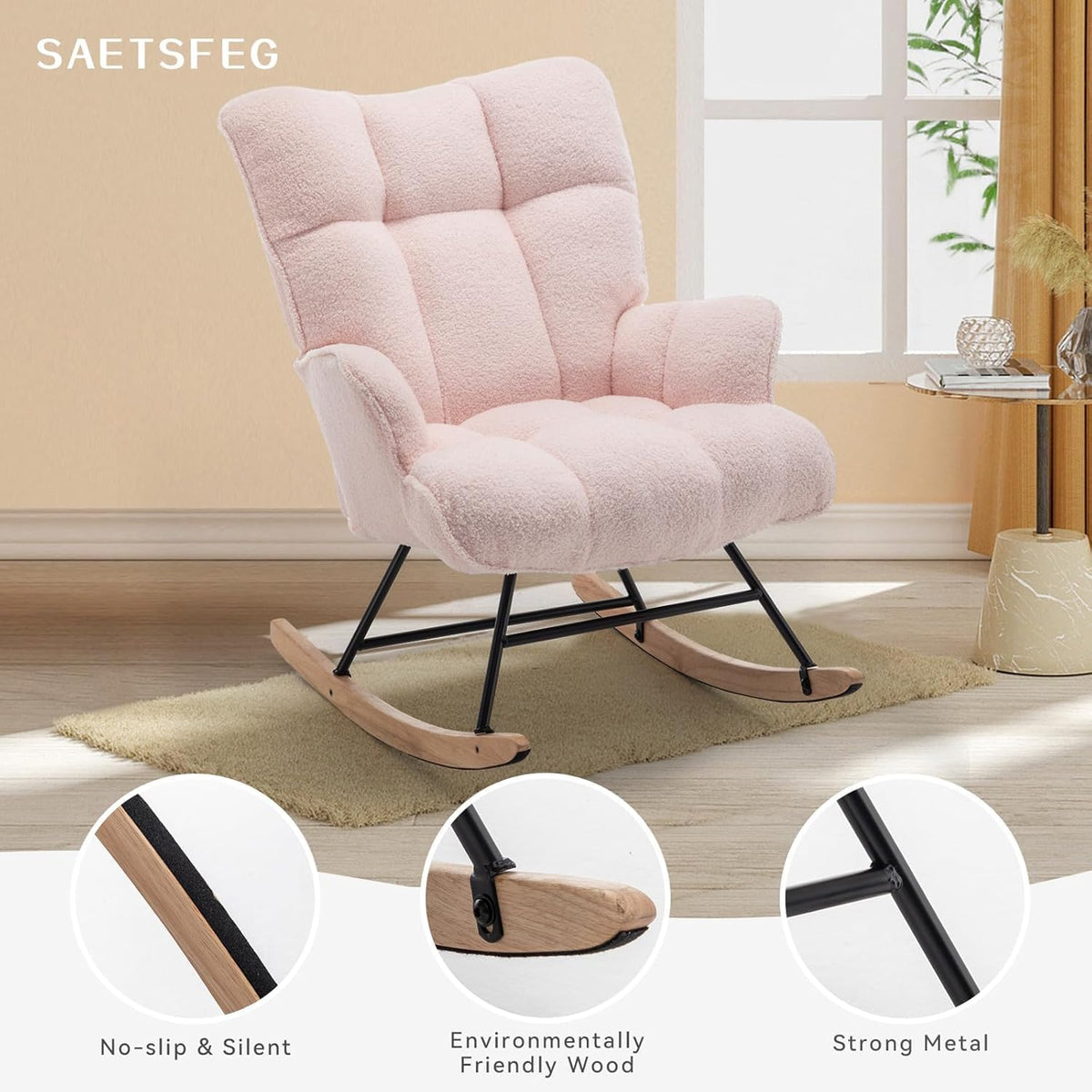 SAETSFEG Rocking Chair Nursery Teddy Upholstered Glider Rocker Rocking Accent Chair Padded Seat with High Backrest Armchair Comfy Side Chair for Living Room Bedroom Offices (Pink Teddy)
