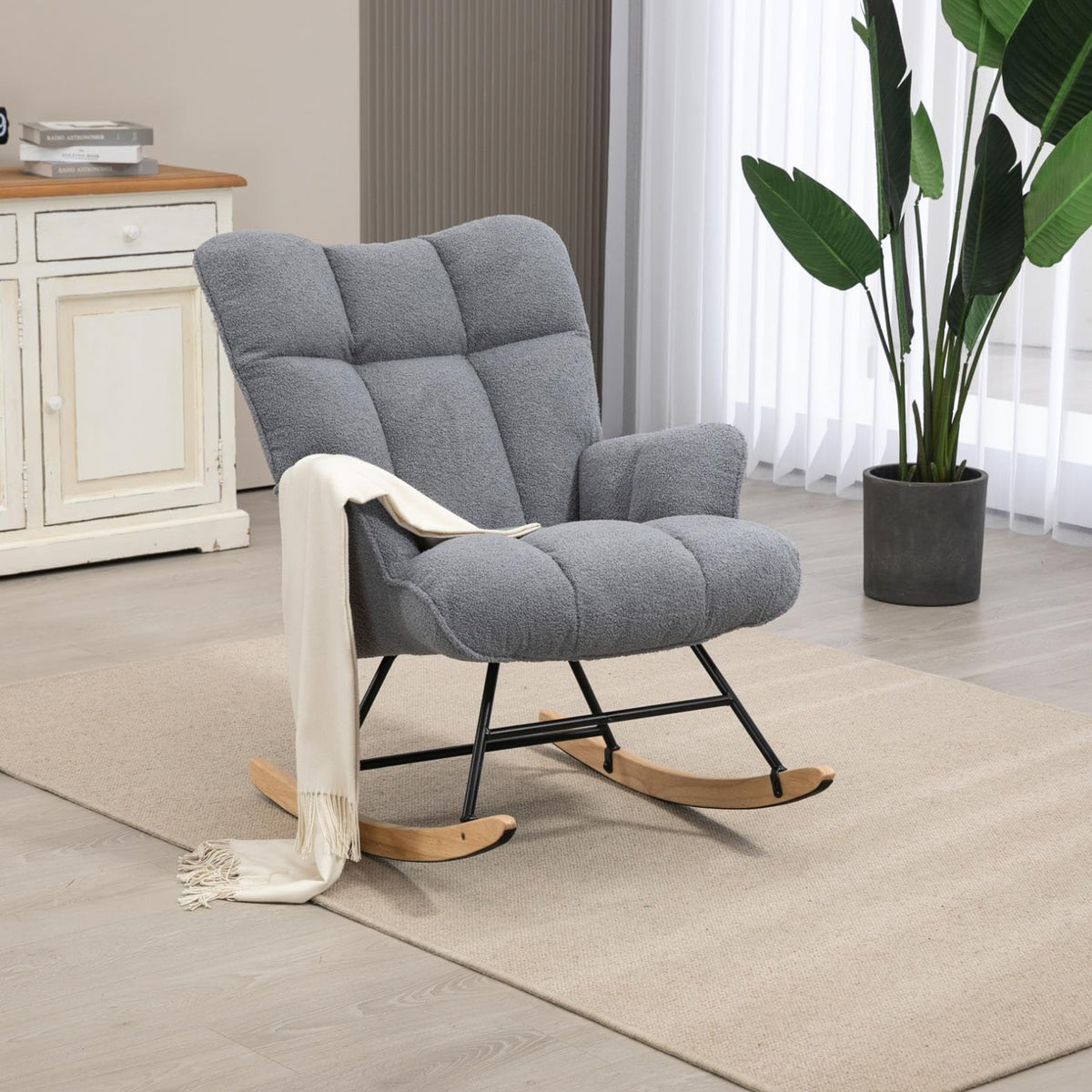 SAETSFEG Rocking Chair Nursery Teddy Upholstered Glider Rocker Rocking Accent Chair Padded Seat with High Backrest Armchair Comfy Side Chair for Living Room Bedroom Offices (Ivory Teddy)