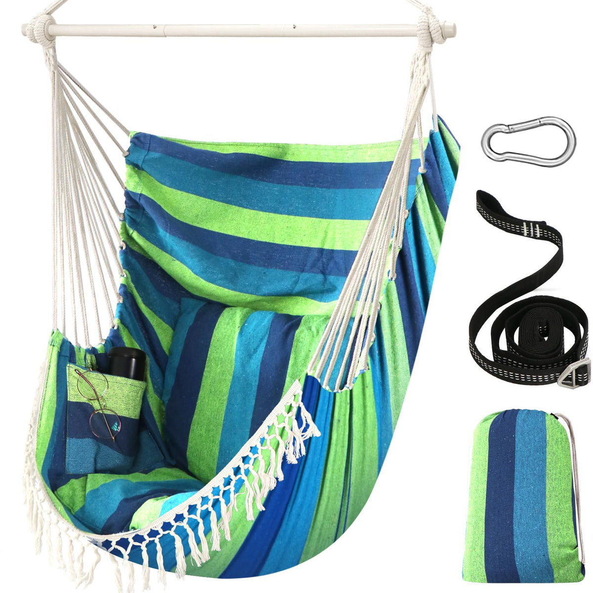 Chihee Hammock Chair Max 500 Lbs 2 Cushions Spreader Bar Strap Carabiner