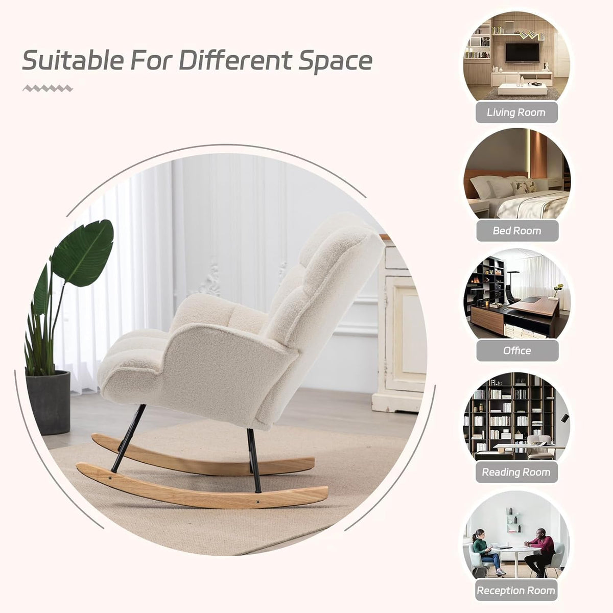 SAETSFEG Rocking Chair Nursery Teddy Upholstered Glider Rocker Rocking Accent Chair Padded Seat with High Backrest Armchair Comfy Side Chair for Living Room Bedroom Offices (Ivory Teddy)