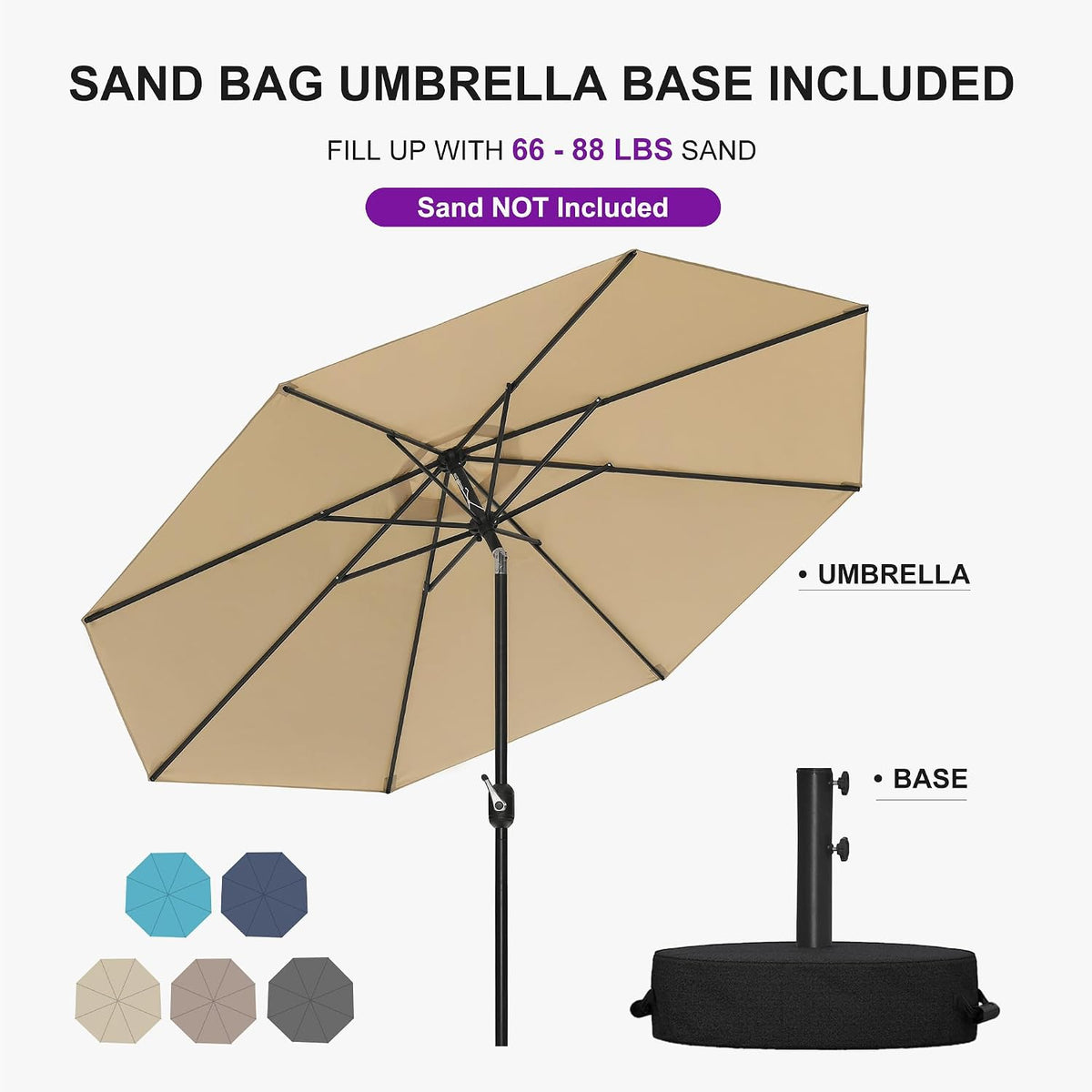 PURPLE LEAF Pool Market Umbrella with Base 9' UV Protection Outdoor, Beige