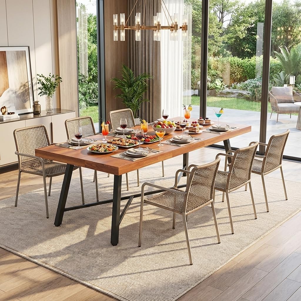 DWVO Industrial Acacia Wood Dining Table 68.9", Heavy Duty Outdoor Rectangle Table with Metal Legs, 500lbs Capacity Patio Dining Table with Umbrella Hole for 6-8 People Indoor Outdoor Use