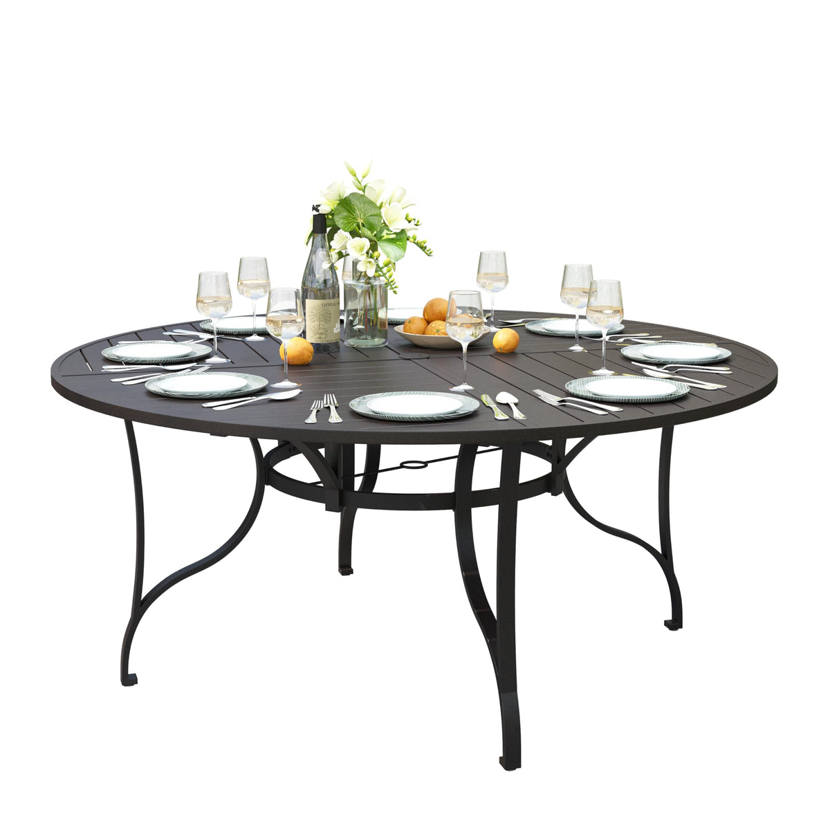 PHI VILLA Patio Round Table w/Umbrella Hole, Metal Table for 4, Black