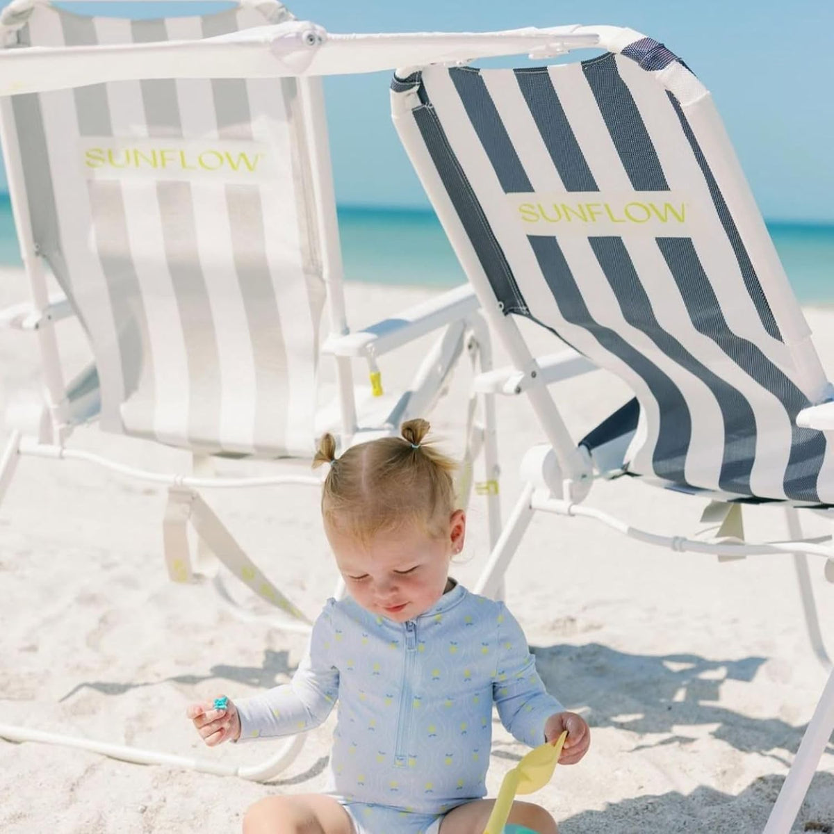 SUNFLOW Shore Thing Reclining Beach Chair with Sun Shade, Deep Blue Stripe