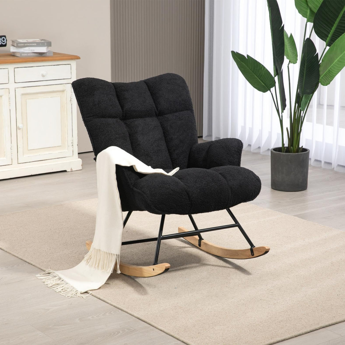 SAETSFEG Rocking Chair Nursery Teddy Upholstered Glider Rocker Rocking Accent Chair Padded Seat with High Backrest Armchair Comfy Side Chair for Living Room Bedroom Offices (Ivory Teddy)
