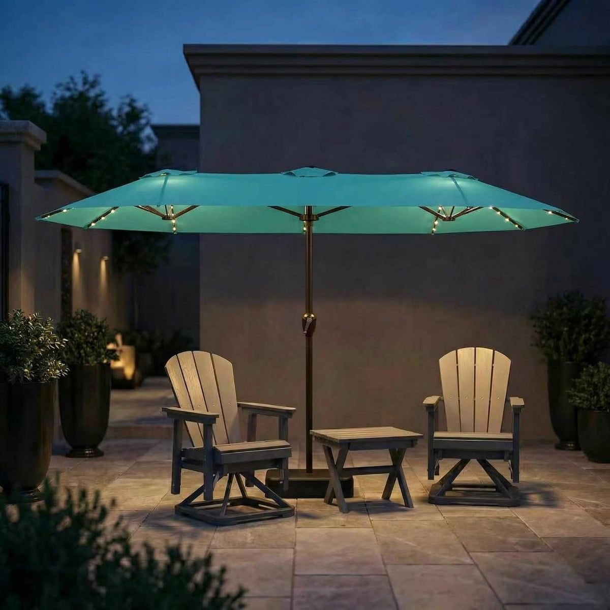 15FT Patio Umbrella with Solar Lights, Double-Sided Extra Large Outdoor Table Umbrella with Base Included, Heavy-Duty 12 Iron Ribs Market Umbrella for Garden, Pool, Backyard, Turquoise Blue