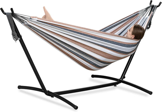 PNAEUT Double Hammock with Stand for Outside, Heavy-Duty, Portable (Coffee)