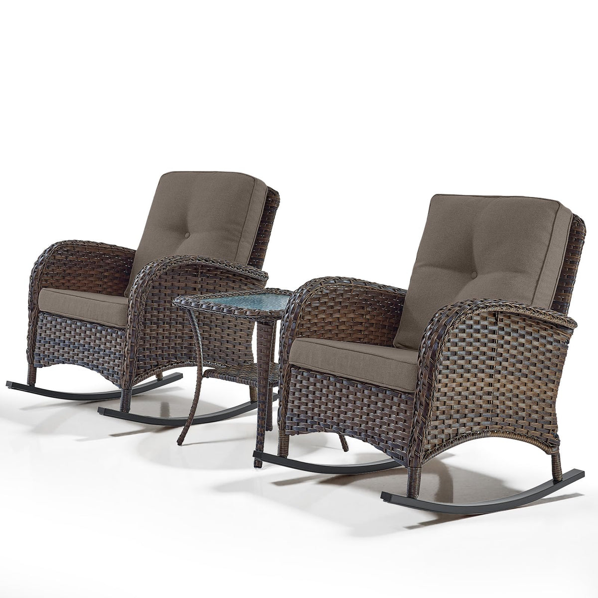 Belord Patio Rocking Chair Wicker Chair, 1 Piece Outdoor Rocking Chair Seating with Cushions for Porch Deck Balcony, Brown/Blue