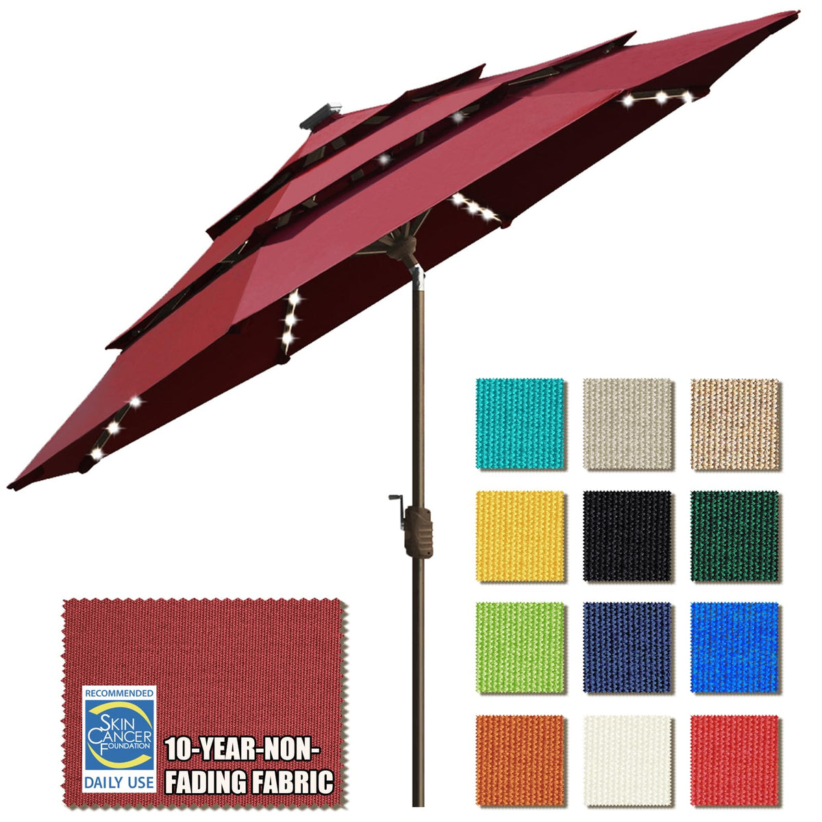 EliteShade USA 10-Year-Non-Fading 9ft 3-Tier Market Patio Umbrella, Commercial Table Umbrella with 80 Solar LED Lights, Crank Open, Windproof & UPF 50+ UV Protection for Garden, Deck, Pool, Backyard, Heather Beige
