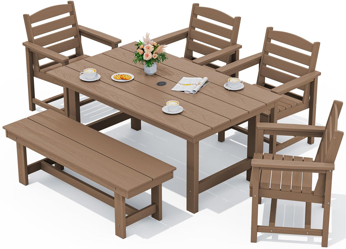 SERWALL 7 Pcs Outdoor Dining Set, 67" HDPE Dining Set for 6, Black